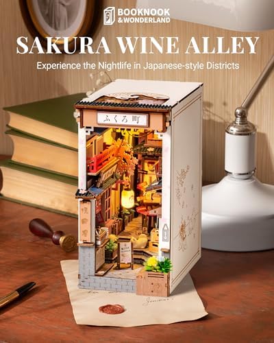 ROBOTIME Japanese Book Nook Kits, DIY Miniature House Kit for Adults 3D Wooden Puzzle, Bookends Bookshelf Diorama Creative Decorative Crafts Kits Unique Gifts for Teens & Beginners (Sakura Wine Alley) - Image 2