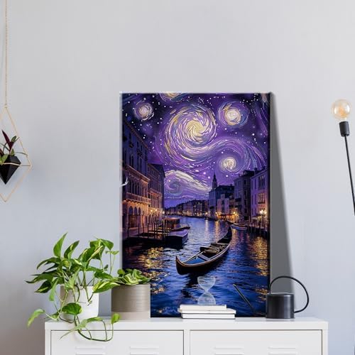 JOOZ Paint by Numbers Kit for Adults with Frame, Starry Night Paint by Numbers with Easel, DIY Town River Boat Paint by Numbers Landscape for Home Wall Decor 8 x 12 Inch - Image 3