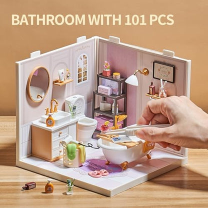 DIY Miniature Bathroom Kit with 101Pcs, 1:24 Scale Dollhouse Furniture with LED Light, Realistic Accessories & Connectable Base for Adults & Kids 8+ - Image 4