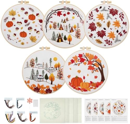 Kuabiz 5 Sets Fall Embroidery Kits for Beginners Autumn Maple Leaves Cross Stitch Kit for Adults Thanksgiving Pumpkins Embroidery Starter Kit Hoop Needlepoint Kits with Instruction Needles Threads by Kuabiz