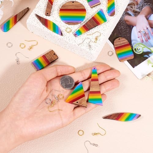 Elecrelive 8 Pairs Stripe Wood Earring Pendants Resin Wood Charms with Ear Hooks Triangle Rectangle Leaf Dangle Earring Making Starter Kit for Jewelry Craft Making - Image 6