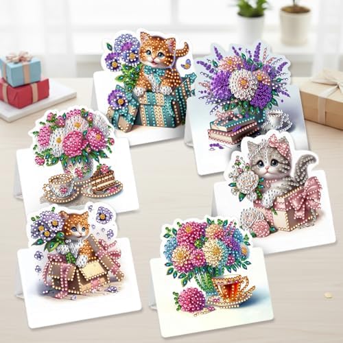 jinglinhh 6pcs Diamond Art Painting Cat and Flowers Cake Greeting Cards with Envelopes, DIY Card Making Kits for Adults, Diamond Art Postcards Christmas Cards Craft Gifts - Image 4