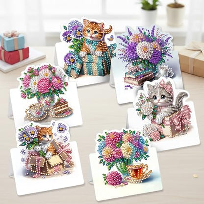 C'eitura 6-Pack DIY Cat Diamond Painting Cards Kit - Crystal Rhinestone Floral Greeting Cards for Adults Beginner - Handmade Diamond Art Postcards for Christmas, Birthday, New Year Gift & Party Favors - Image 4