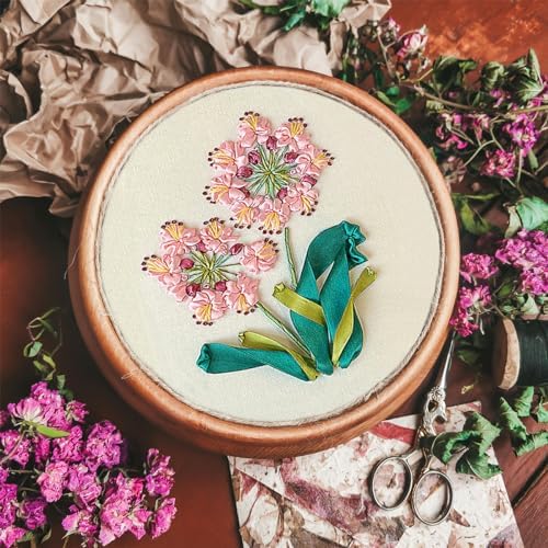 FONNUY Ribbon Embroidery 3D Flowers Pattern Design Kit Embroidery DIY Handwork Set Oval Home Decoration (Pink Crabapple) - Image 3
