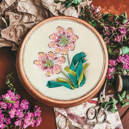 FONNUY Ribbon Embroidery 3D Flowers Pattern Design Kit Embroidery DIY Handwork Set Oval Home Decoration (Pink Crabapple) - Image 3