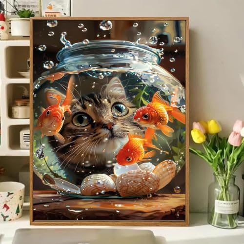 Cat Goldfish Paint by Numbers Kit for Adults Framed Canvas, Frameworkless - Image 2