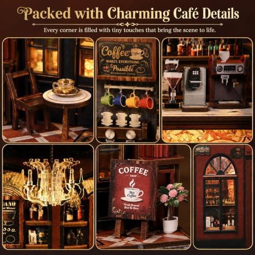 Warmglow Coffee Book Nook Kit for Adults with LED Light, 3D Wooden Puzzle - Image 6