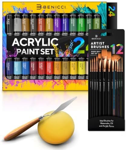 Complete Acrylic Paint Set – 24х Rich Pigment Colors – 12x Art Brushes with Bonus Paint Art Knife & Sponge – for Painting Canvas, Clay, Ceramic & Crafts, Non-Toxic & Quick Dry – for Kids & Adults - Image 5