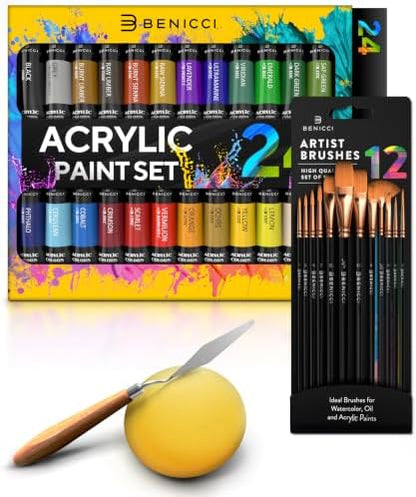 Complete Acrylic Paint Set – 24х Rich Pigment Colors – 12x Art Brushes with Bonus Paint Art Knife & Sponge – for Painting Canvas, Clay, Ceramic & Crafts, Non-Toxic & Quick Dry – for Kids & Adults - Image 5