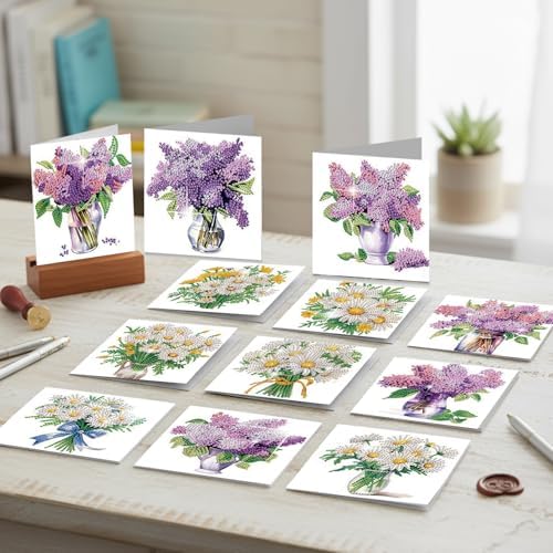 jinglinhh 12pcs Diamond Art Painting Lavender Daisy Flower Bouquet Greeting Cards with Envelopes, DIY Card Making Kits for Adults, Diamond Art Postcards Christmas Cards Craft Gifts - Image 6