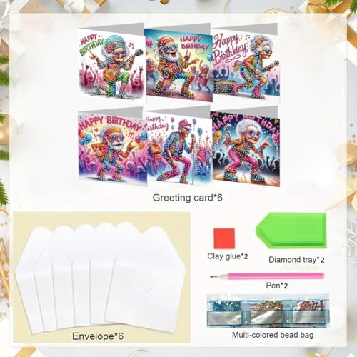 jinglinhh 6pcs Happy Birthday Old Couple Music Guitar Rock Diamond Art Painting Greeting Cards with Envelopes, DIY Card Making Kits for Adults, Diamond Art Postcards Christmas Cards Craft Gifts - Image 3
