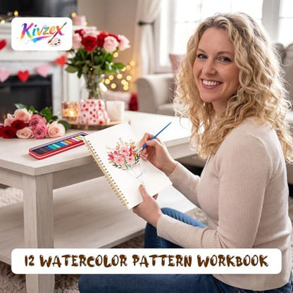 Valentine's Day Watercolor Workbook for Adults, Beginner Friendly Watercolor Painting Kit Pattern Water Coloring Book, Valentines Themed Practice Art Gift Water Color Paint Book with Palette Brush - Image 6