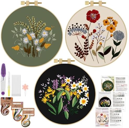 ERKOON 3 Sets Embroidery Kit, Floral Cross Stitch Set for Include Embroidery Cloth Hoops Threads for Craft Lover Hand Stitch (Plants & Flowers) by ERKOON