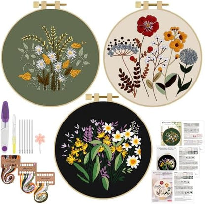 ERKOON 3 Sets Embroidery Kit, Floral Cross Stitch Set for Include Embroidery Cloth Hoops Threads for Craft Lover Hand Stitch (Plants & Flowers) by ERKOON