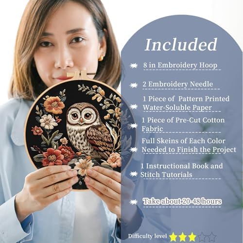 FONNUY Embroidery Kit for Beginners, Owl Flowers Pre-Stamped Pattern Kits for Adults with Hoop, Easy to Follow Color Thread Needlework, 8'' Hoop (Black) - Image 2