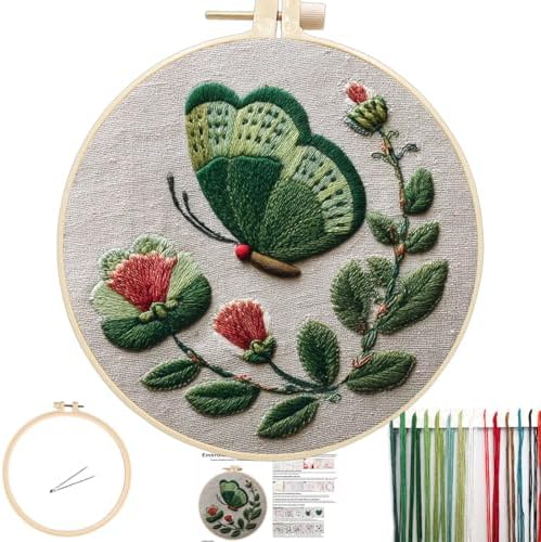 FONNUY Green Plants Embroidery Kit, Cross Stitch Kits for Beginners, Handmade Crafts with Printed Patterns for Beginner Adults, Easy to Follow Color Thread Needlework, 8'' Hoop (Butterfly) by FONNUY