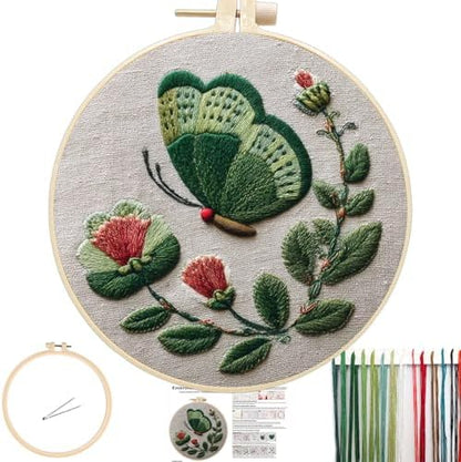 FONNUY Green Plants Embroidery Kit, Cross Stitch Kits for Beginners, Handmade Crafts with Printed Patterns for Beginner Adults, Easy to Follow Color Thread Needlework, 8'' Hoop (Butterfly) by FONNUY