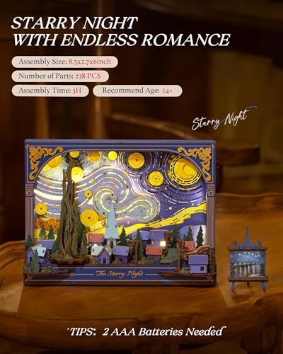 Rowood Starry Night 3D Puzzles for Adults,Mother's Day DIY Wooden Vincent Van Gogh Painting Artwork Craft Kit Building Set with LED,Home Decor Botanical Collection Gift for Family on Christmas - Image 2