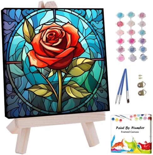 Artunion Framed Paint by Numbers Kit for Adults Beginners & Kids Ages 8-12,Red Rose Flower Paint by Number with Frame, Stained Glass Paint by Numbers Kit on Canvas 10 * 10 Inch Without Easel by ArtunionDriect