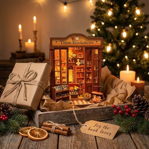 Book Nook Kit – DIY Miniature House 3D Puzzle with LED, Time Bookstore Dollhouse Kit for Adults & Teens, 259-Piece Library Model for Bookshelf Decor, Gifts for Family Friends - Image 4