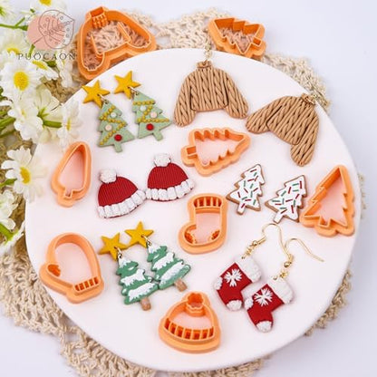 Puocaon Christmas Holiday Clay Cutters - 8 Pcs Christmas Tree Clay Cutters for Polymer Clay Jewelry Making, Christmas Jumper Socks Gloves Clay Jewelry Cutters, Cute Beanie Polymer Clay Earring Cutters - Image 2