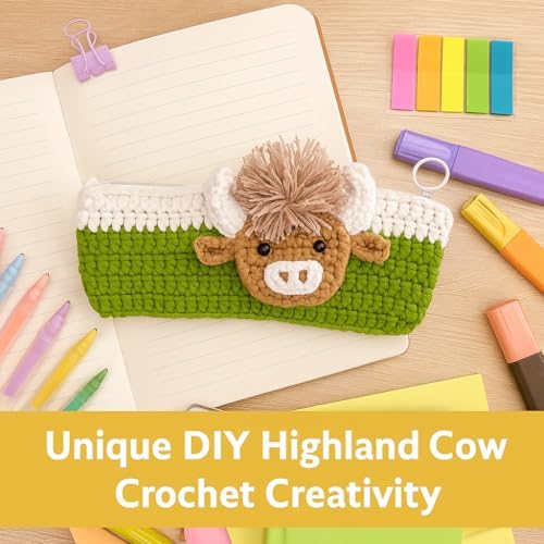 Highland Cow Crochet Kit for Beginners, Learn to Crochet Pencil Bag Starter Set with Video Tutorial & Crocheting Manual, Easy Yarn Knitting Kit for Adult, DIY Amigurumi Birthday Xmas Gift Idea - Image 2