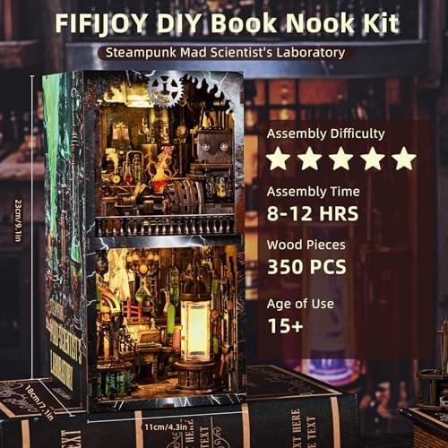 fifijoy Book Nook Kit - DIY Miniature Dollhouse Booknook for Adults, Steampunk 3D Wooden Puzzle Bookshelf Insert Decor with LED Light, Gifts for Family, Friends (Mad Scientist Laboratory) - Image 6