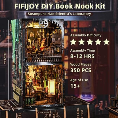 fifijoy Book Nook Kit - DIY Miniature House Dollhouse Kit for Adults and Teens, Steampunk Booknook Tiny House Bookshelf Decor 3D Wooden Puzzle (Mad Scientist Lab) - Image 5