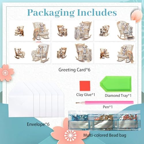 Tontut 6pcs Diamond Painting Kit Greeting Card, Sofa Puppy 5D DIY Diamond Handmade Holiday Greeting Card with Envelope, Christmas Gift Congratulation - Image 3