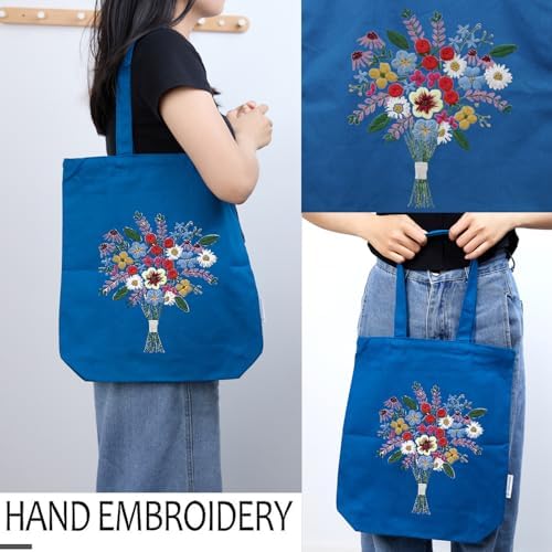 CREAWONDER Canvas Tote Bag Embroidery Kit with Pattern for Beginners, Arts and DIY Embroidery Crafts Kits for Adults, Include Instructions, Thimble, Embroidery Hoops, Color Threads and Tool - Image 2