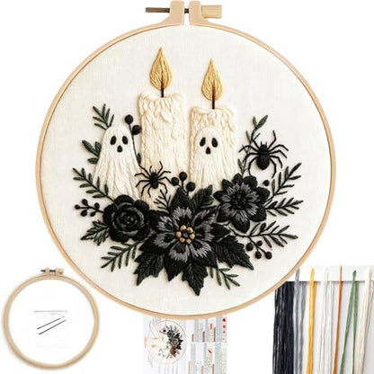 FONNUY Halloween Embroidery Kits for Beginners,Skull Pumpkin Spider Web Floral Stamped Cross Stitch Kit for Adults, Spooky Season Boho Wall Decor, 8'' Hoop (Candles) by FONNUY