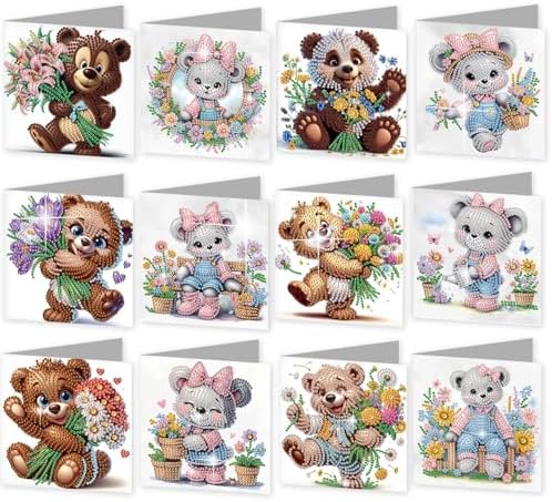jinglinhh 12pcs Diamond Art Painting Flower Bear Greeting Cards with Envelopes, DIY Card Making Kits for Adults, Diamond Art Christmas Cards for Birthday Holiday Postcards Craft Gifts by Unknown