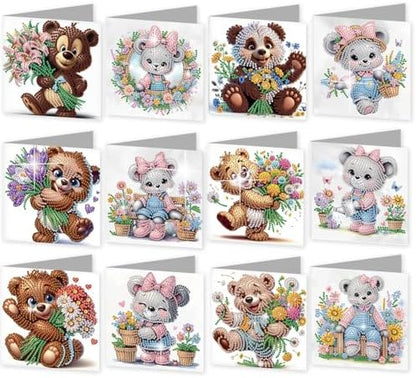 jinglinhh 12pcs Diamond Art Painting Flower Bear Greeting Cards with Envelopes, DIY Card Making Kits for Adults, Diamond Art Christmas Cards for Birthday Holiday Postcards Craft Gifts by Unknown