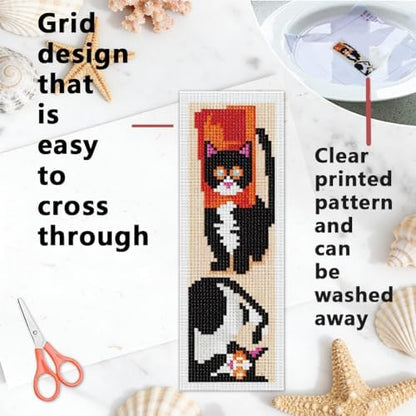INFUNLY 6 Pcs Cute Cat Cross Stitch Bookmark Kit with Tassels, Stamped Pre-Printed Embroidery for Adult Beginners, Tools with Floss Scissors Needles Instructions, DIY Gift for Book Lovers - Image 3