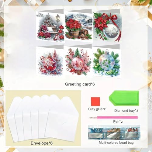 jinglinhh 6pcs Christmas Poinsettia Balls Diamond Art Painting Greeting Cards with Envelopes, DIY Card Making Kits for Adults, Diamond Art Postcards Christmas Cards Craft Gifts - Image 3
