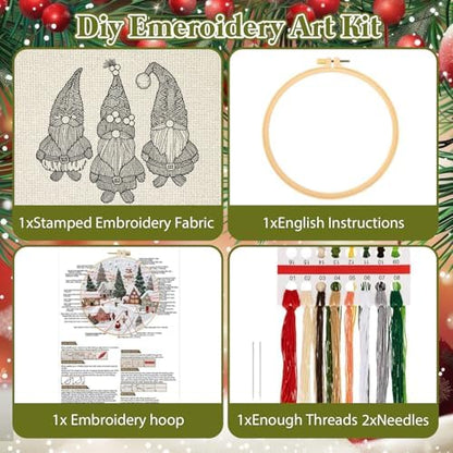 RUIQLXHANG Christmas Embroidery Kit - Christmas Gnomes Embroidery Kits for Beginners with Pattern, Cotton Threads, Needles, Instruction, 20cm Hoop, Gift for Mom, Grandma - Image 3