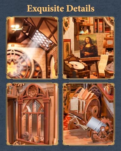 Tonecheer DIY Book Nook Kit for Adults, 3D Puzzle Wooden Miniature House Kit, Booknook Dollhouse Bookshelf Insert Decor Bookend with Dust Cover and LED Lights Gifts (Leonardo da Vinci) - Image 3