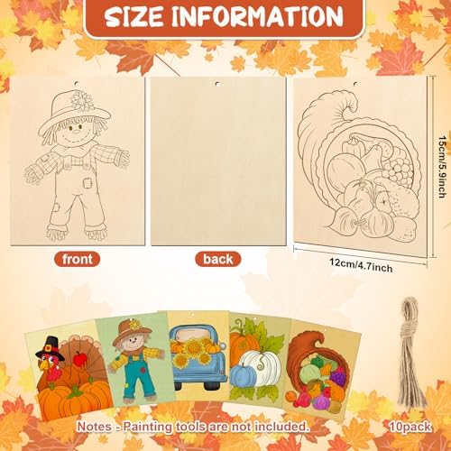 COCHIE 10PCS Large Thanksgiving Unfinished Wood Crafts to Paint for Adults, Bulk Predrilled Wooden Ornaments for Painting, Pumpkin Scarecrow Paintable Wood Slices Craft Supplies with Ropes - Image 2