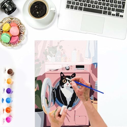 Lxmsja Cat Plants Paint by Numbers Kit for Adults, Washing Scene Acrylic Paint by Numbers for Adults Beginner, DIY Craft Supplies Oil Painting Kits for Home Wall Decor 8x12 inch (Framed) - Image 6