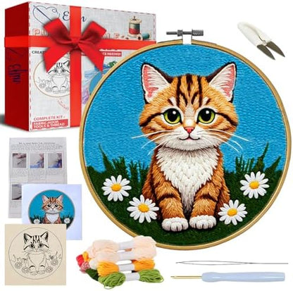Eflin Punch Needle Kits Adults Beginner - Needlepoint Kits for Adults, Cute Cat & Daisy Pattern, Natural Bamboo Hoop, Yarns, Tools, Craft Kits for Beginners, Rare Gift for Crafts, Decors, Festivals by Unknown