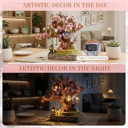 Sakura Tree House DIY Miniature House Kit for Adults, 564PCS 3D Wooden Puzzle with Light, Japanese Cherry Blossom Building Set, Wooden Craft Model Home Decor Gift - Image 2