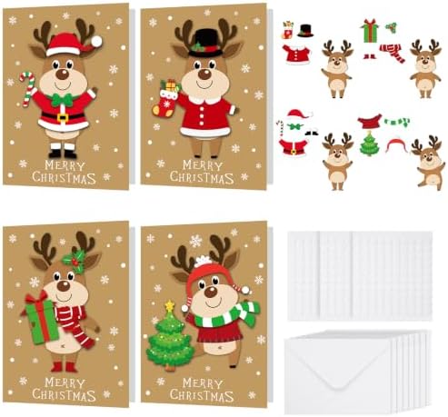 Dispowreath 24 Pcs DIY Christmas Card Making Kits with Envelopes DIY Christmas Craft Make Your Own Reindeer Greeting Card Making Supplies for Holiday Xmas Party Decoration Favor by Dispowreath