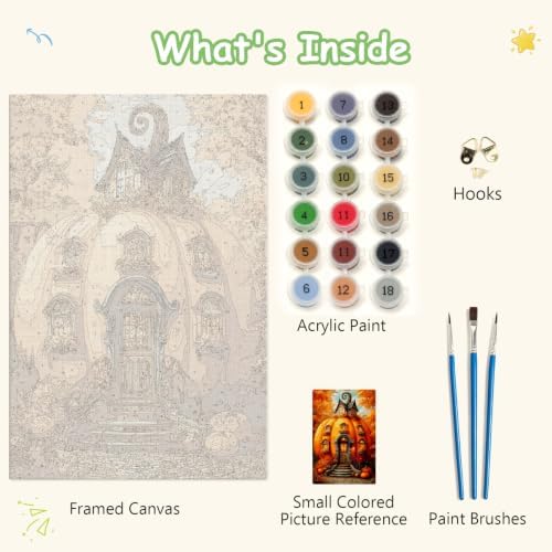 Spandrel Pumpkin House Framed Paint by Numbers Kit for Adult, Halloween Adult Paint by Number Kits on Canvas, DIY Acrylic Oil Easy Autumn Painting by Numbers Fall for Home Wall Decor, 8x12in - Image 6