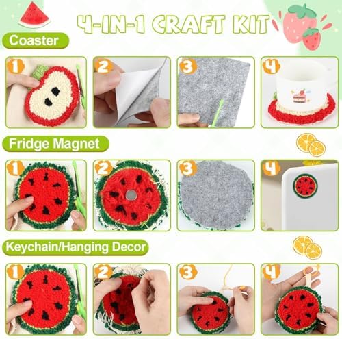 Justforjoyful 6 Set Punch Needle Embroidery Coasters Craft Kits Punch Needle Refrigerator Magnets Kit Tool Threader Fabric for Christmas Winter Beginners Adults DIY Handmade Gifts Party(Fruit) - Image 4