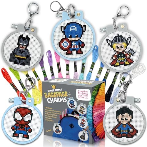 Superhero Cross Stitch Kit for Kids - 5 Stamped Beginner Projects by Craftiloo