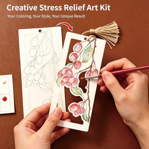 Watercolor Bookmarks to Paint for Adults & Beginners, 10PCS DIY Painting Bookmarks with Hollow Leaves Designs, Paint Set, Pen & Glitter, Stress Relief Art Craft Kit, Gift for Book Lovers, Readers - Image 2