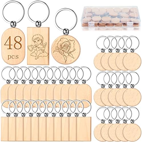 Fumete Wooden Keychain Blanks Wood Engraving Unfinished Key Chain with Storage Container for DIY Gift Craft Supplies(48 Pcs) by Fumete