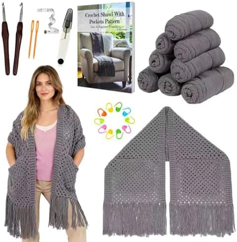 Arborthread Crochet Kit for Beginners, Easy All-Season Pocket Shawl Grey by Arborthread