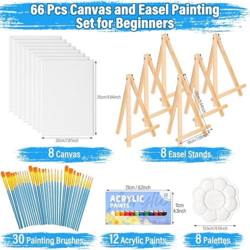 shynek 66 Pack Canvases with Easel Set, 8 x 10 Inch Canvas Boards with Wooden Easels, Acrylic Paint, Paint Brushes Canvas Panel Painting Kit for Beginners Art Crafts Sip and Paint Party - Image 2