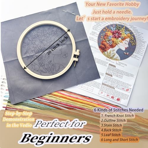 FONNUY Floral Women Embroidery Kit for Beginners, Colorful Long Hair Girl Pre-Stamped Pattern Kits for Adults with Hoop, Thread Needlework, 8'' Hoop (Gold) - Image 5